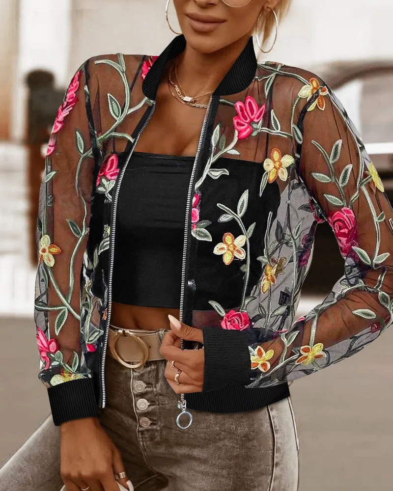 Delicate Floral Embroidered Sheer Jacket with Zipper Detail