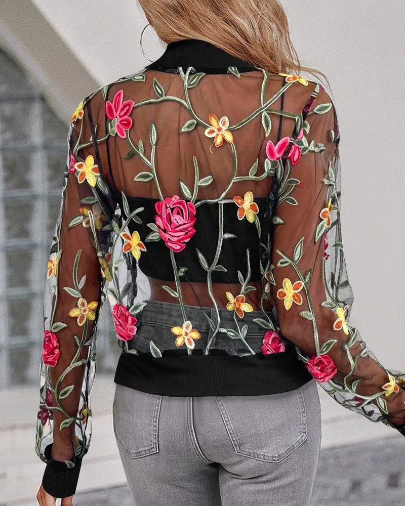 Delicate Floral Embroidered Sheer Jacket with Zipper Detail
