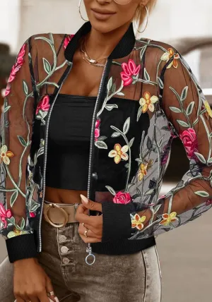 Delicate Floral Embroidered Sheer Jacket with Zipper Detail