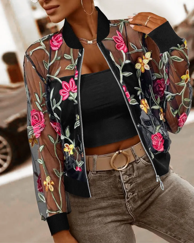 Delicate Floral Embroidered Sheer Jacket with Zipper Detail