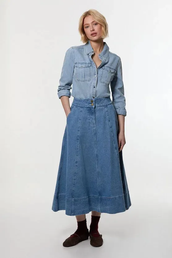 Denim High Waist Full Midi Skirt