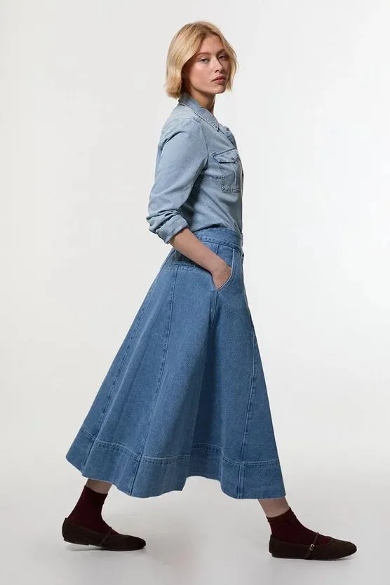 Denim High Waist Full Midi Skirt