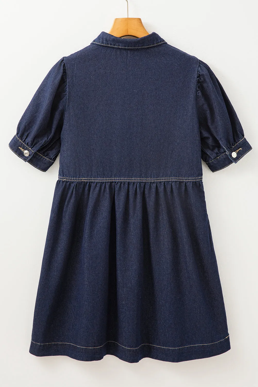 Dirty blue Zipped up Bodice Collared Short Puff Sleeve Denim Dress