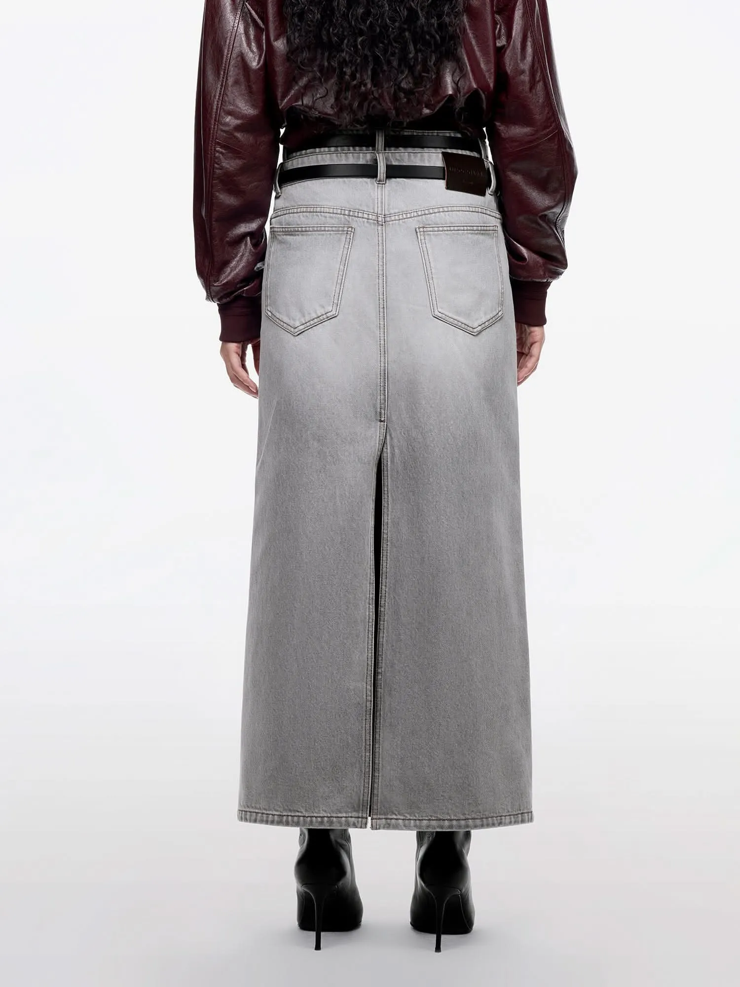 Double-Belt Slit Denim Maxi Skirt