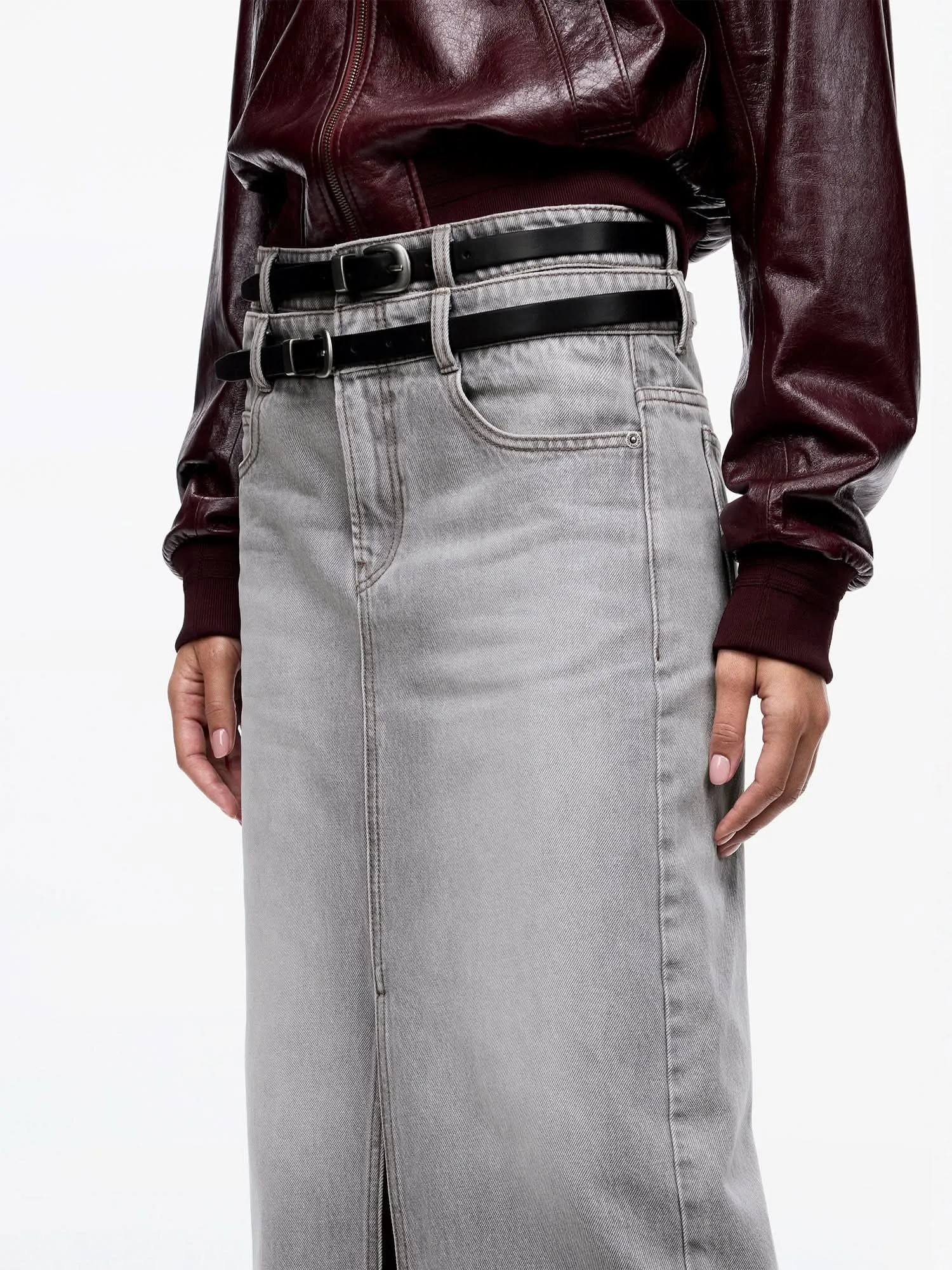 Double-Belt Slit Denim Maxi Skirt