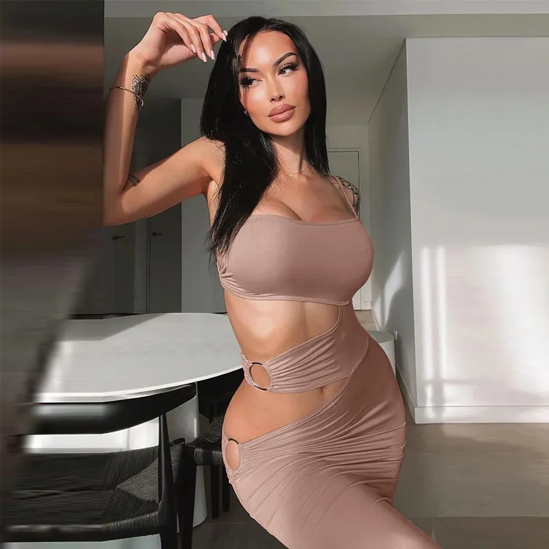 Edgy One Shoulder Cut Out Bodycon Dress with Metal Ring Detail and Side Slit
