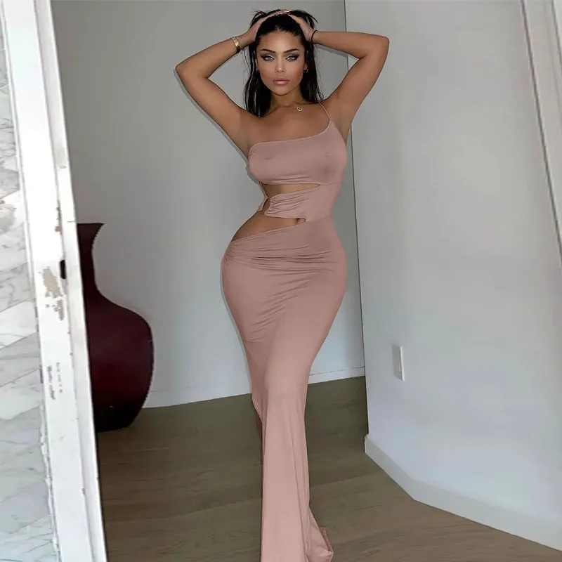 Edgy One Shoulder Cut Out Bodycon Dress with Metal Ring Detail and Side Slit