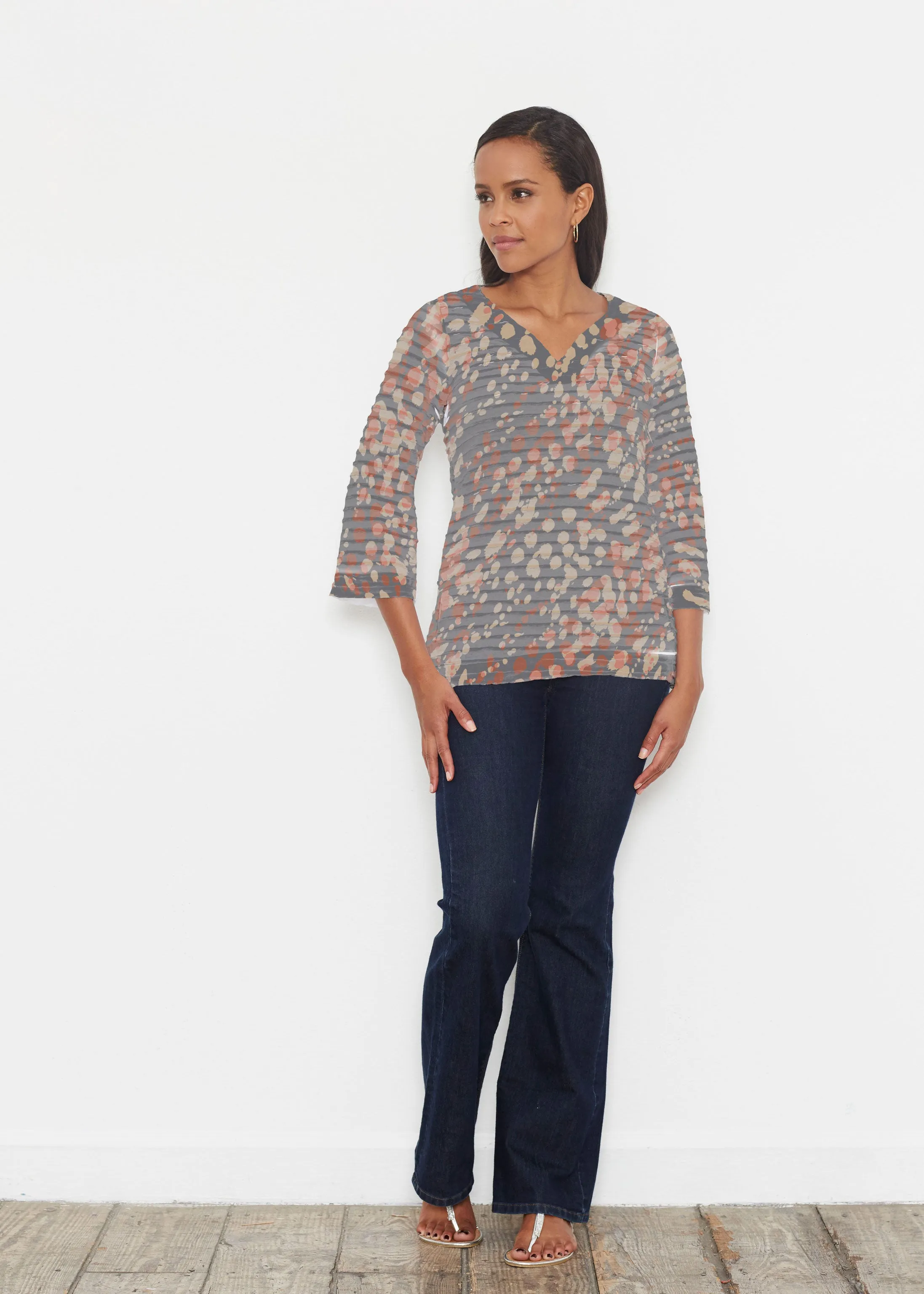 Edgy Splash (7877) ~ Banded 3/4 Bell-Sleeve V-Neck Tunic