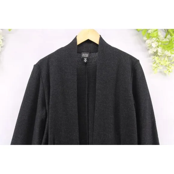 Eileen Fisher Women's Wool Open Front Cardigan Charcoal Pockets Sz M