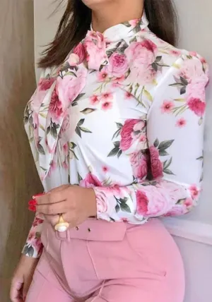 Elegant High-Neck Floral Print Long-Sleeve Blouse
