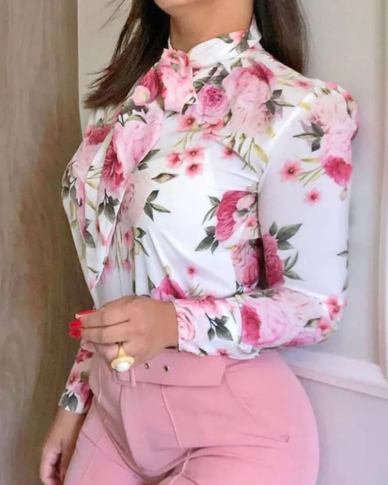 Elegant High-Neck Floral Print Long-Sleeve Blouse
