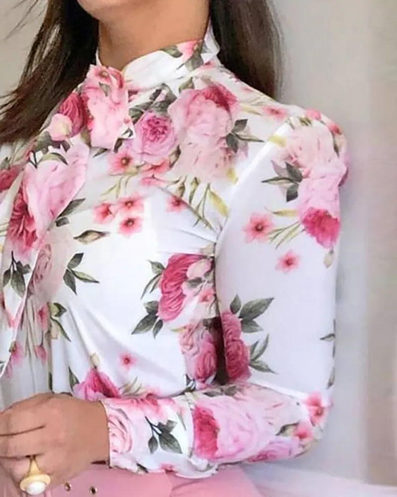 Elegant High-Neck Floral Print Long-Sleeve Blouse
