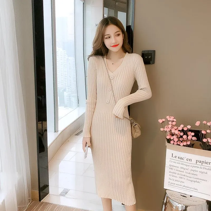 Elegant Knitted Dresses Women Skinny Sweater Split Dress Ribbed Ladies with Belt