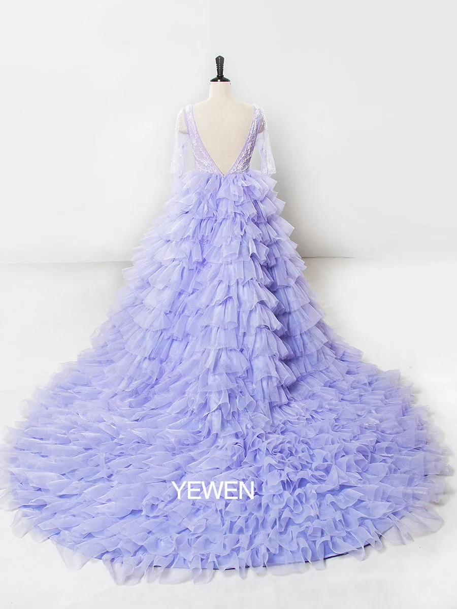 Elegant Lavender Wedding Dresses Half Sleeve Backless Ruffled Photoshoot Dress for Special Event