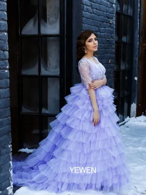 Elegant Lavender Wedding Dresses Half Sleeve Backless Ruffled Photoshoot Dress for Special Event
