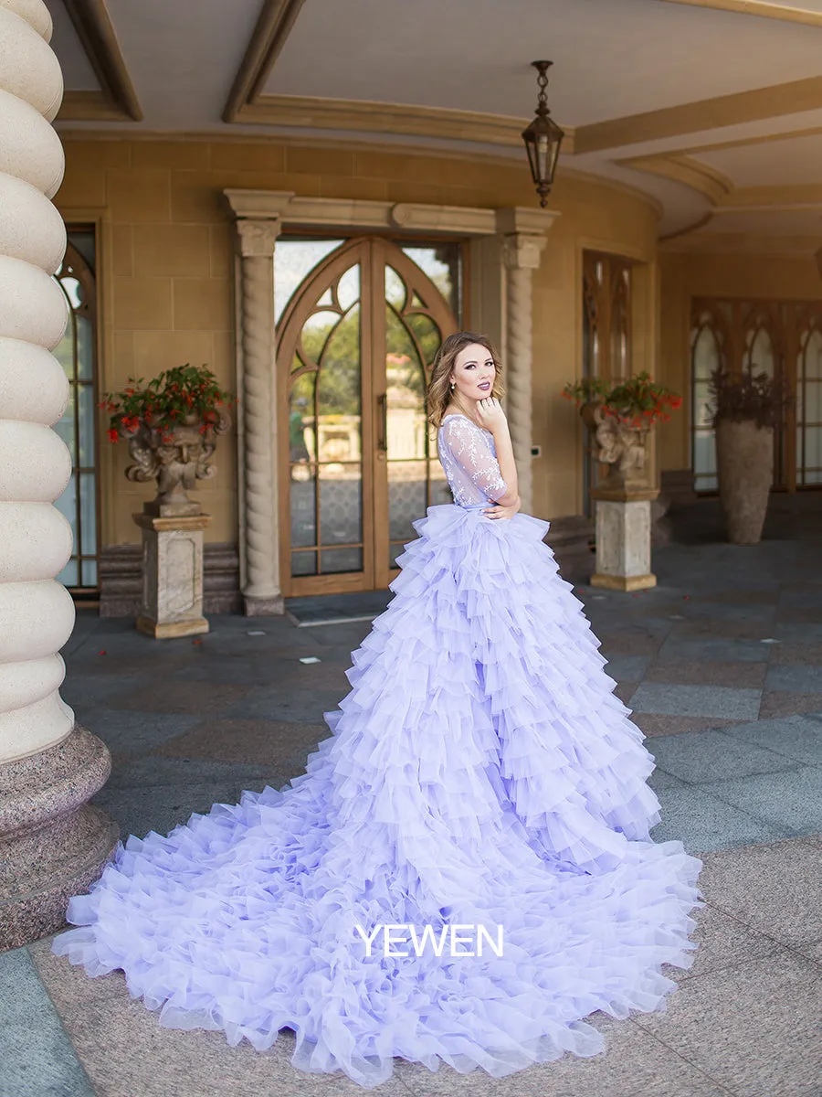 Elegant Lavender Wedding Dresses Half Sleeve Backless Ruffled Photoshoot Dress for Special Event