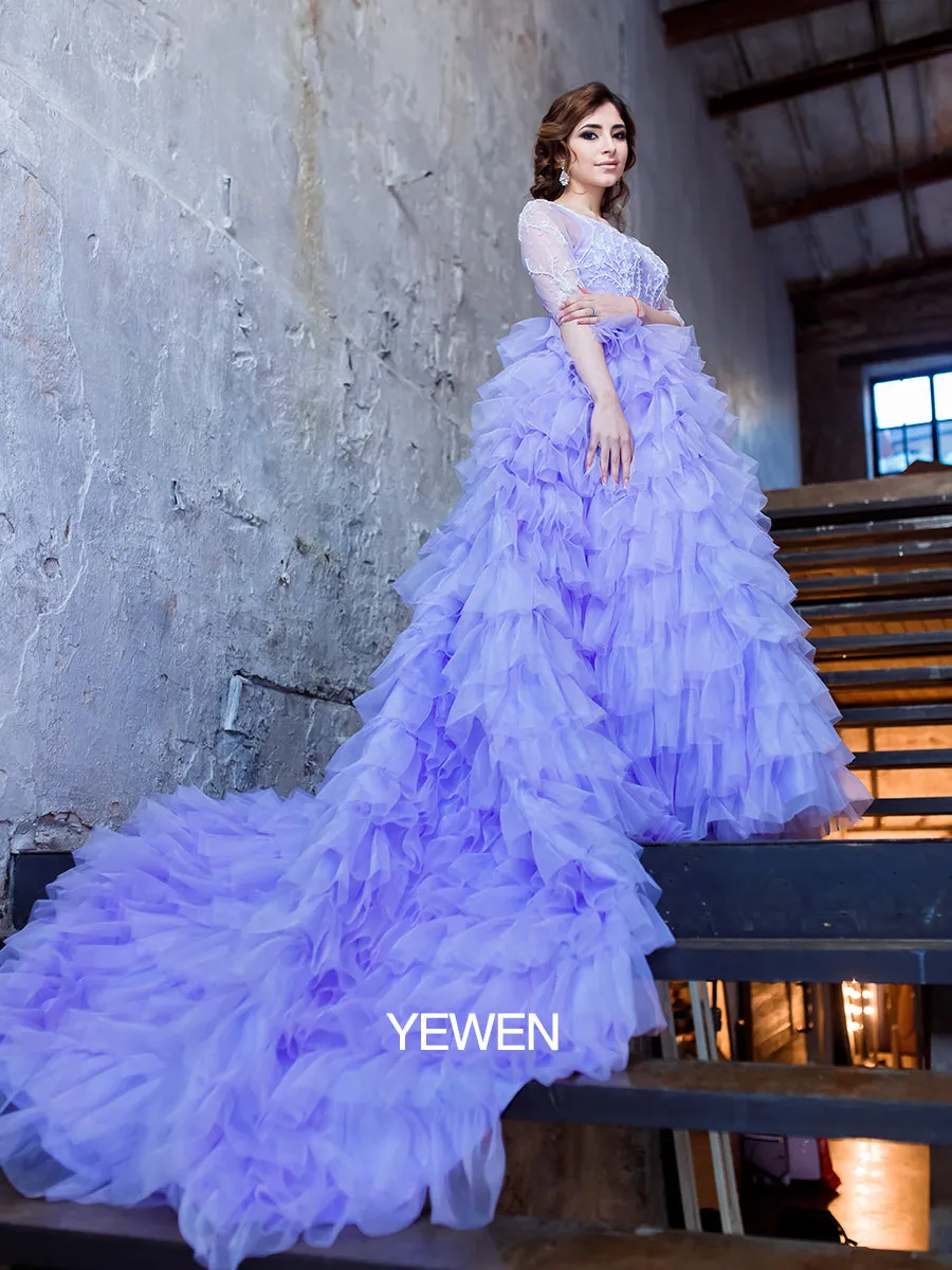 Elegant Lavender Wedding Dresses Half Sleeve Backless Ruffled Photoshoot Dress for Special Event