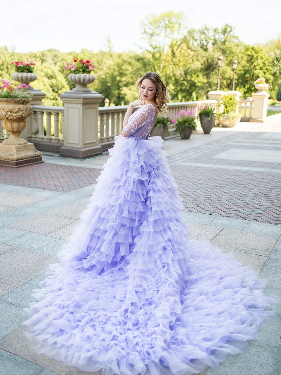 Elegant Lavender Wedding Dresses Half Sleeve Backless Ruffled Photoshoot Dress for Special Event