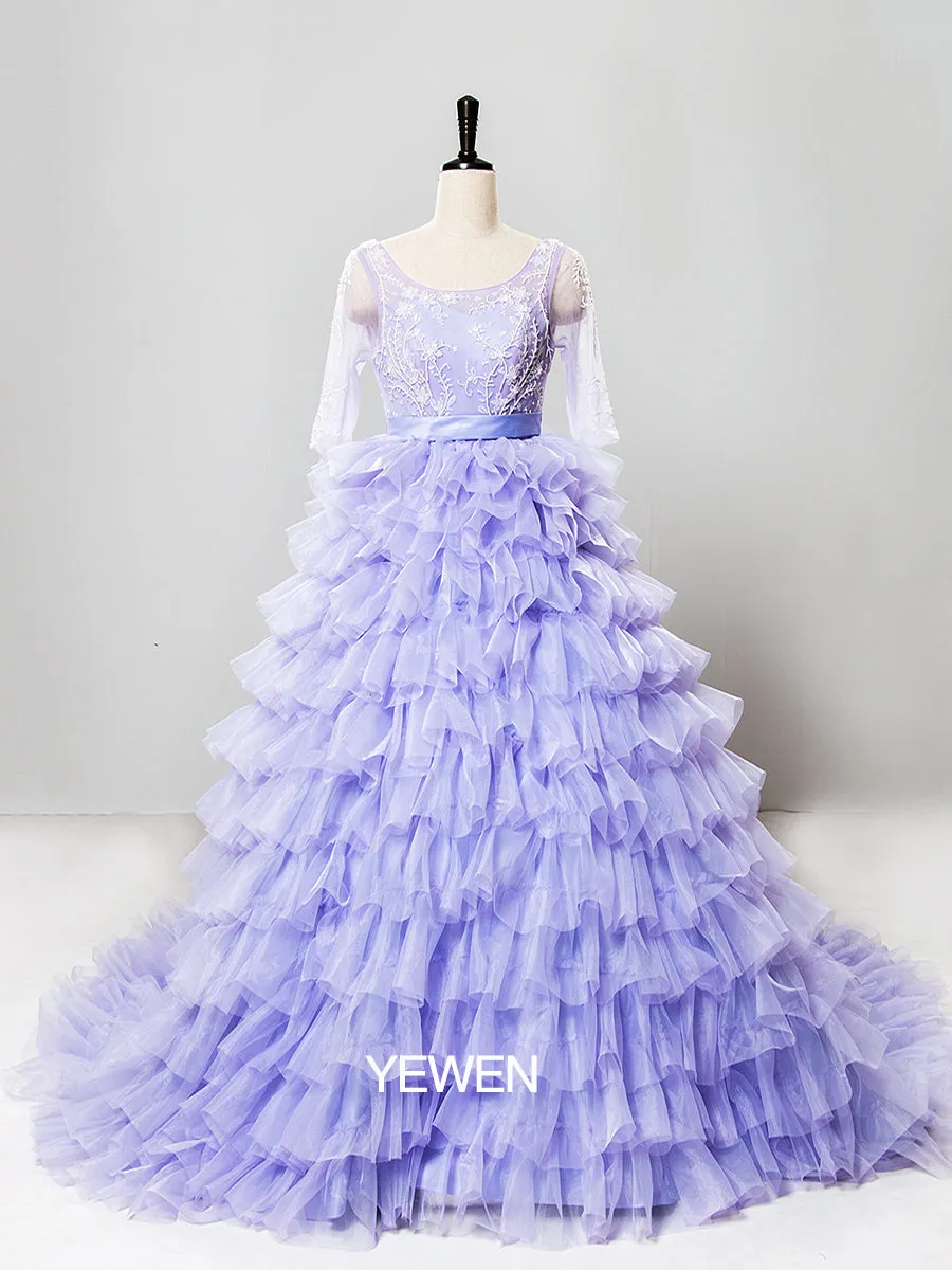 Elegant Lavender Wedding Dresses Half Sleeve Backless Ruffled Photoshoot Dress for Special Event