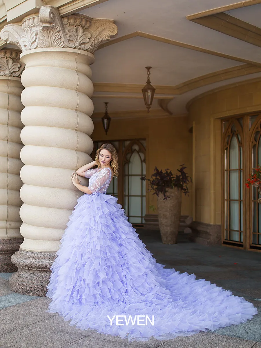 Elegant Lavender Wedding Dresses Half Sleeve Backless Ruffled Photoshoot Dress for Special Event