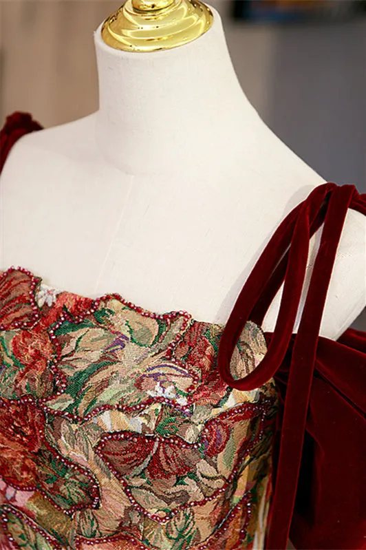 Elegant Off the Shoulder Burgundy Floral Long Formal Dress