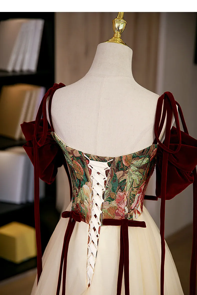 Elegant Off the Shoulder Burgundy Floral Long Formal Dress