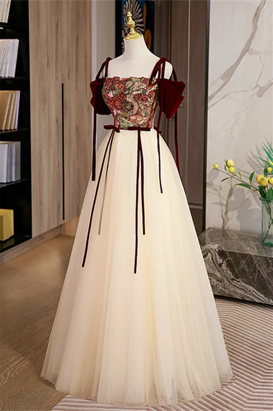 Elegant Off the Shoulder Burgundy Floral Long Formal Dress