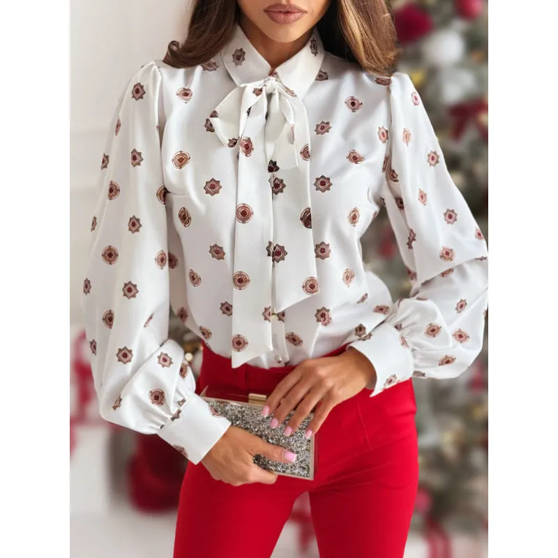 Elegant Printed Long Sleeve Bow Tie Blouse for a Sophisticated Look
