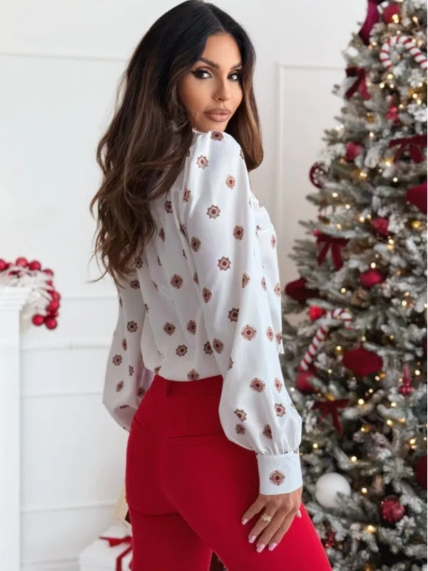 Elegant Printed Long Sleeve Bow Tie Blouse for a Sophisticated Look