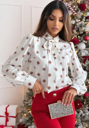 Elegant Printed Long Sleeve Bow Tie Blouse for a Sophisticated Look