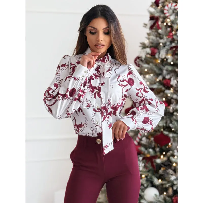 Elegant Printed Long Sleeve Bow Tie Blouse for a Sophisticated Look