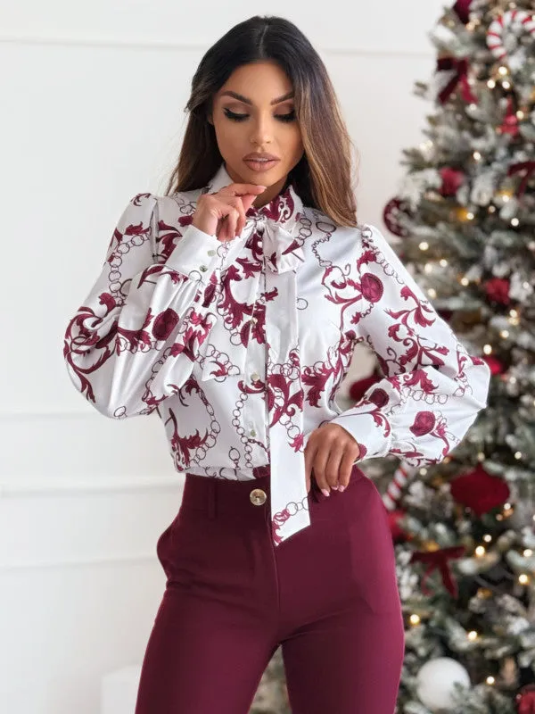 Elegant Printed Long Sleeve Bow Tie Blouse for a Sophisticated Look