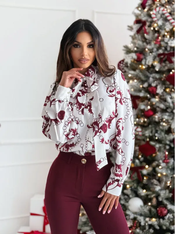 Elegant Printed Long Sleeve Bow Tie Blouse for a Sophisticated Look