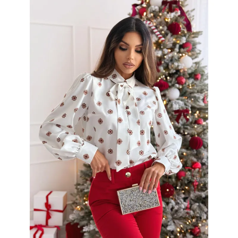 Elegant Printed Long Sleeve Bow Tie Blouse for a Sophisticated Look