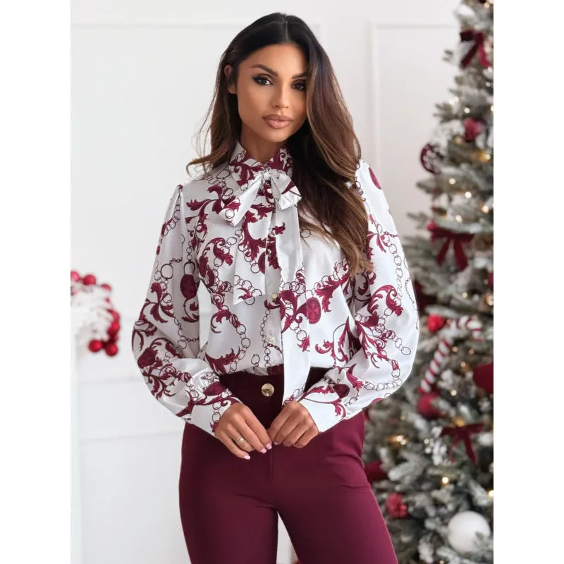 Elegant Printed Long Sleeve Bow Tie Blouse for a Sophisticated Look