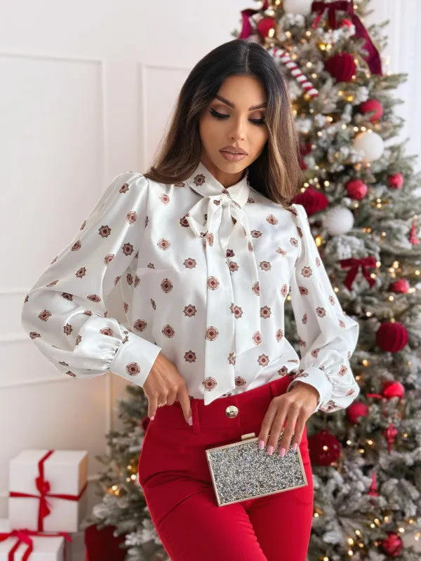 Elegant Printed Long Sleeve Bow Tie Blouse for a Sophisticated Look