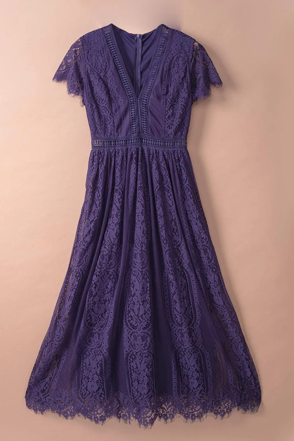 Elegant Royal Lace Maxi Dress with V-Neckline