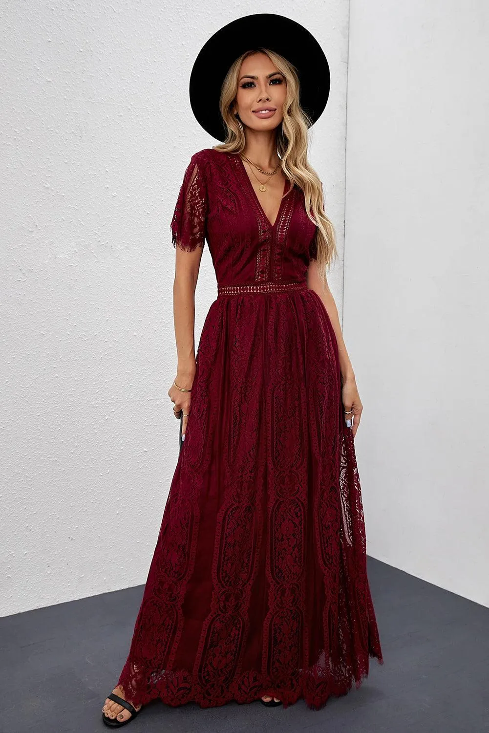 Elegant Royal Lace Maxi Dress with V-Neckline