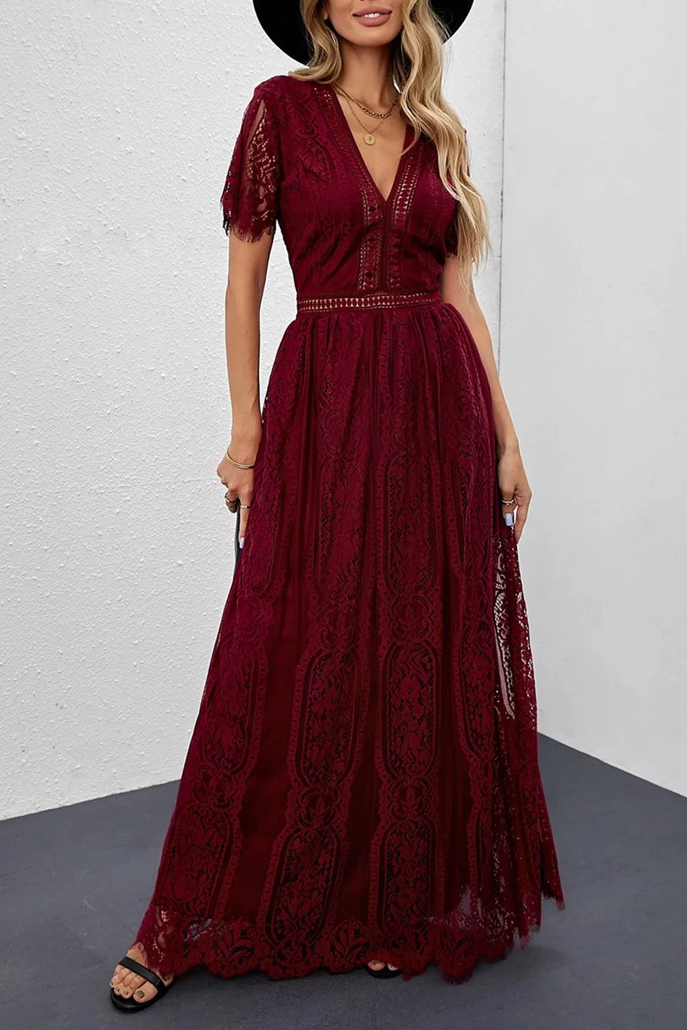 Elegant Royal Lace Maxi Dress with V-Neckline