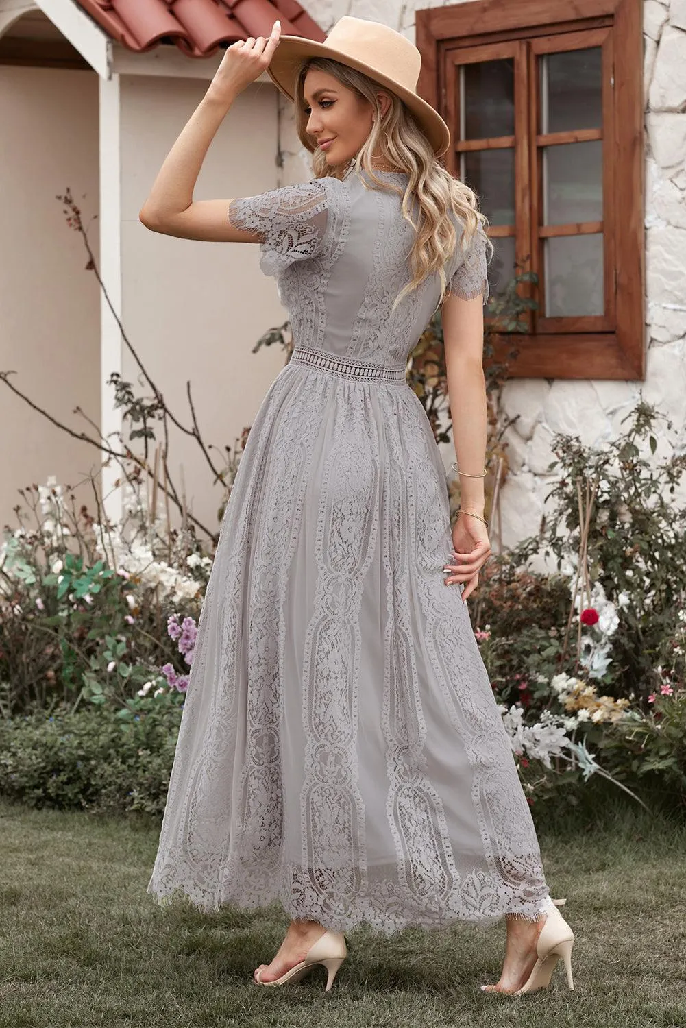 Elegant Royal Lace Maxi Dress with V-Neckline