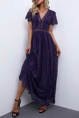 Elegant Royal Lace Maxi Dress with V-Neckline