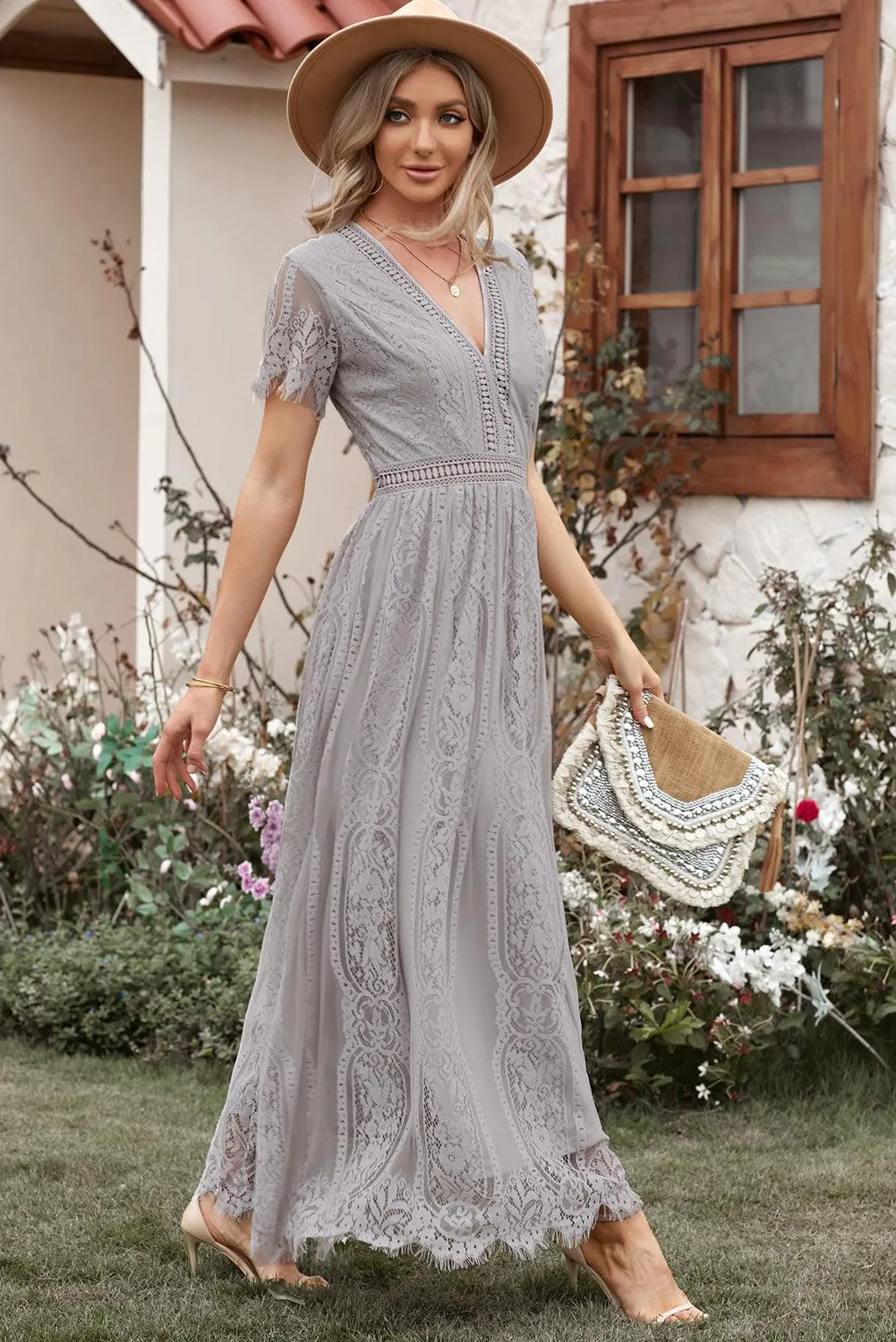 Elegant Royal Lace Maxi Dress with V-Neckline