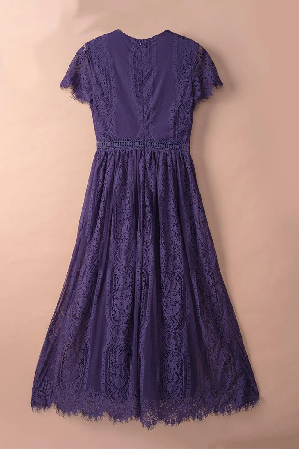 Elegant Royal Lace Maxi Dress with V-Neckline