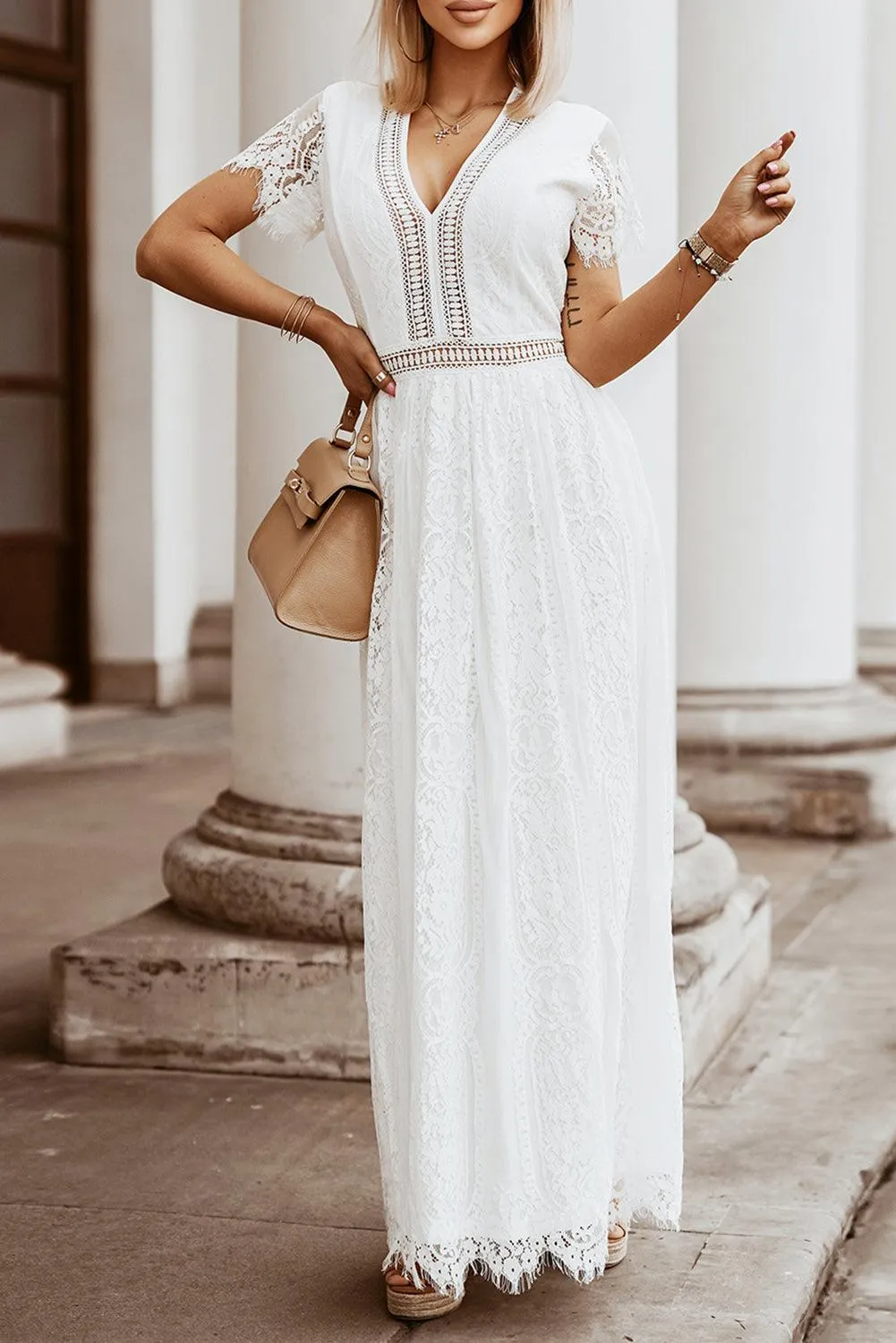 Elegant Royal Lace Maxi Dress with V-Neckline