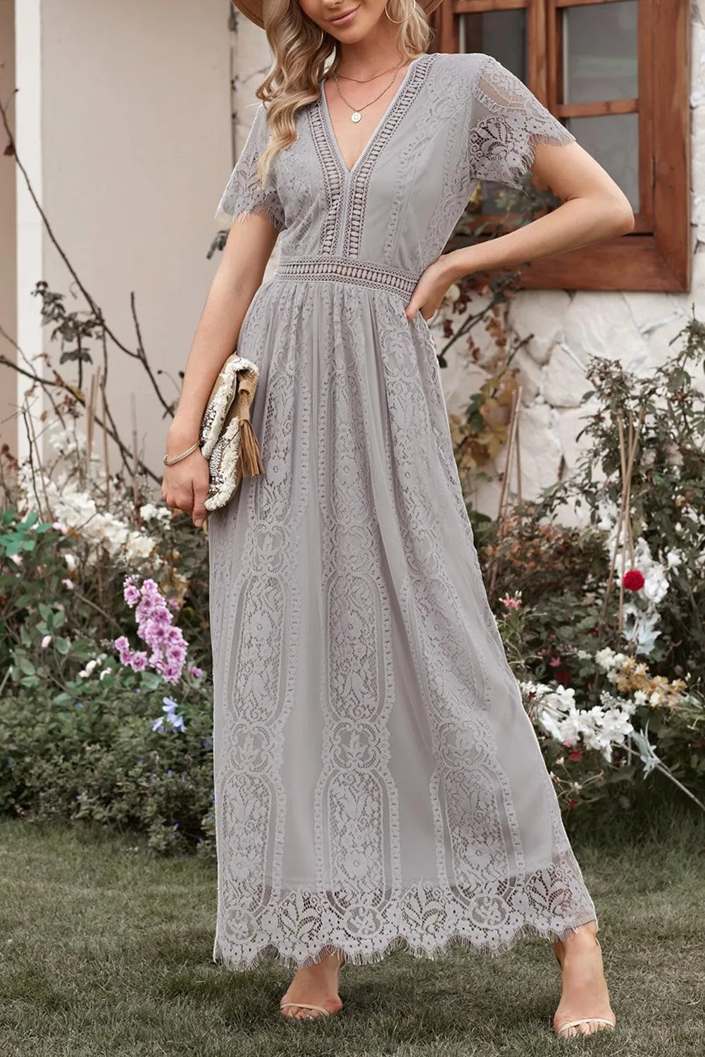 Elegant Royal Lace Maxi Dress with V-Neckline