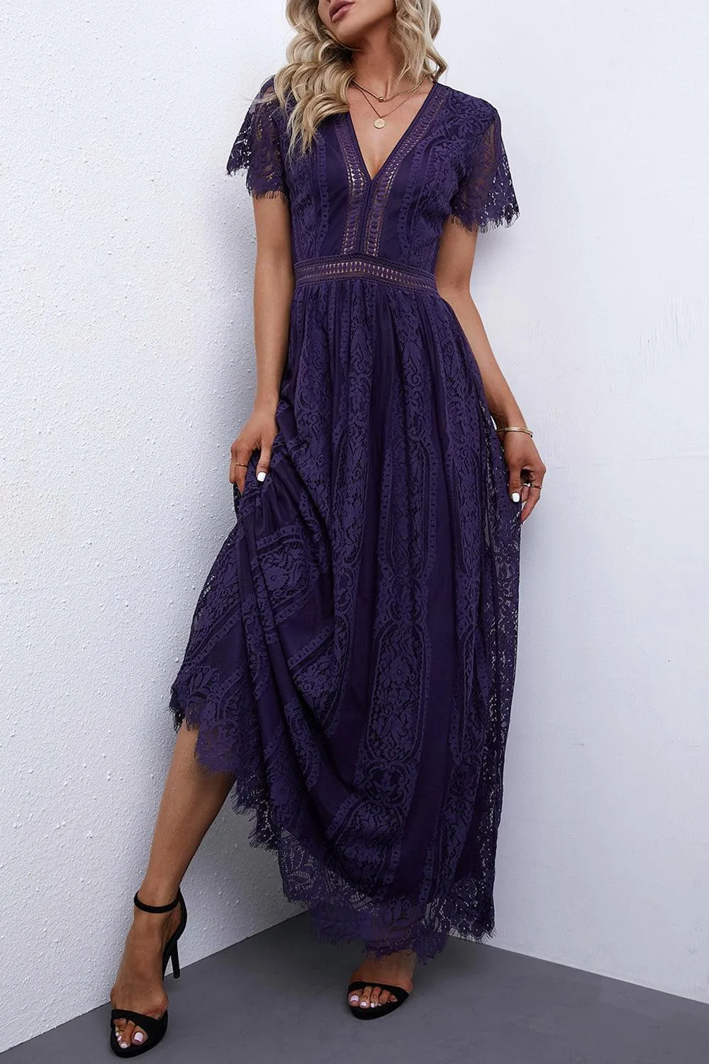 Elegant Royal Lace Maxi Dress with V-Neckline