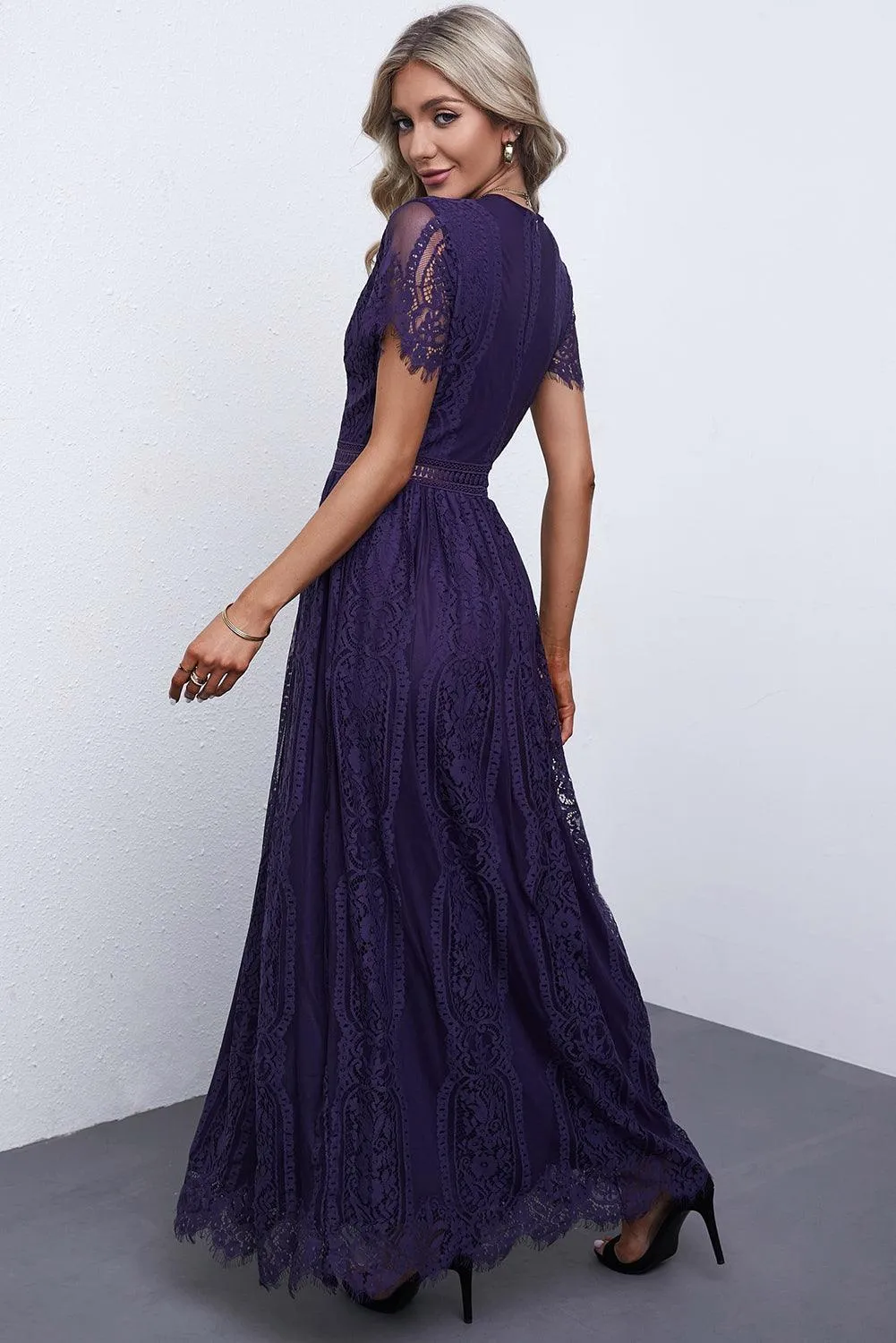 Elegant Royal Lace Maxi Dress with V-Neckline