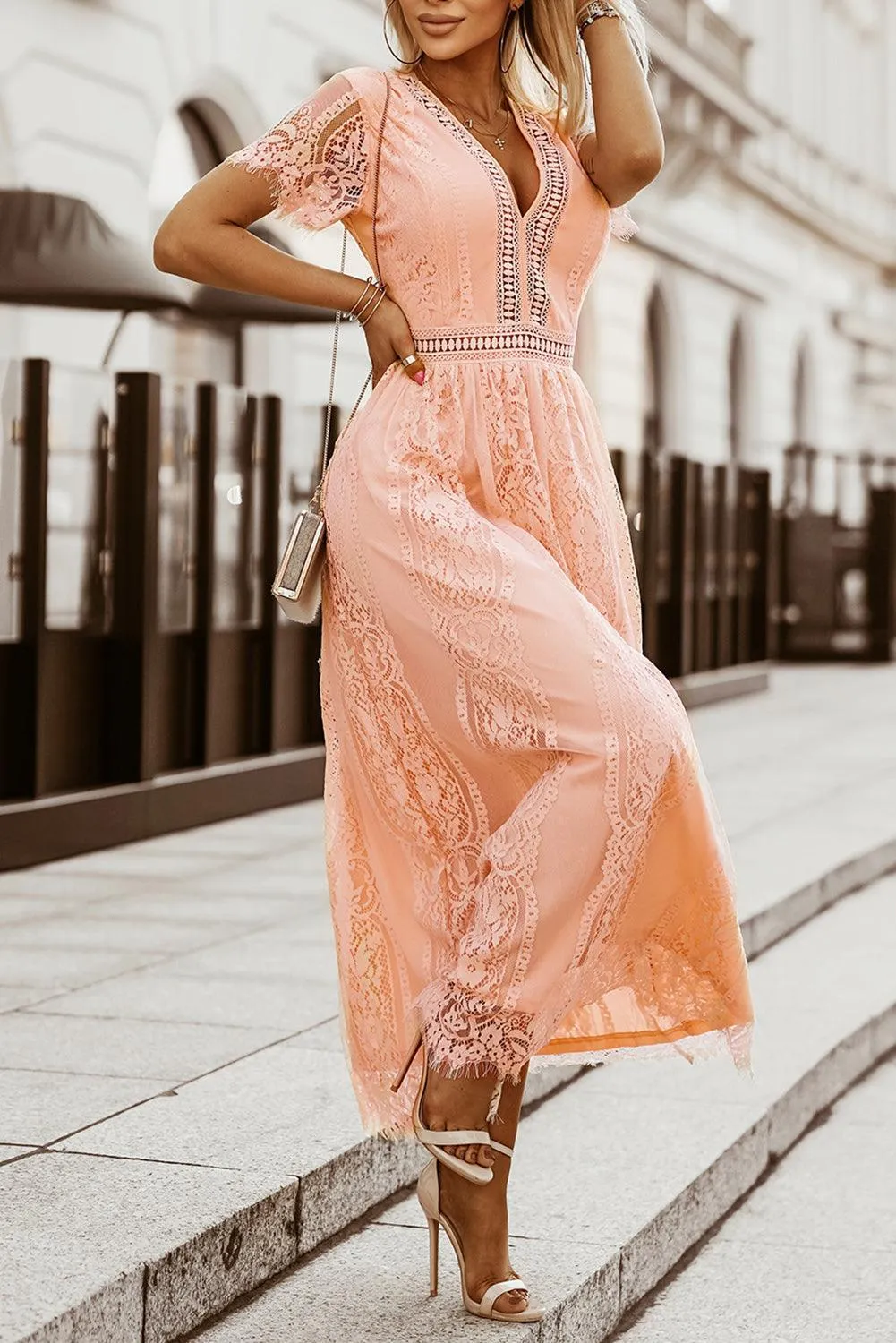 Elegant Royal Lace Maxi Dress with V-Neckline