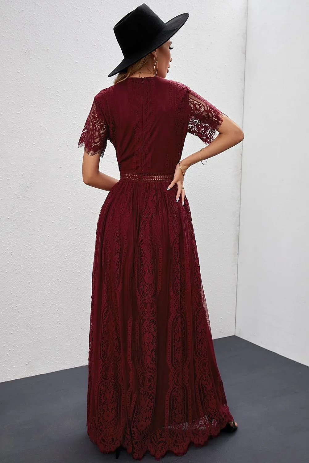 Elegant Royal Lace Maxi Dress with V-Neckline
