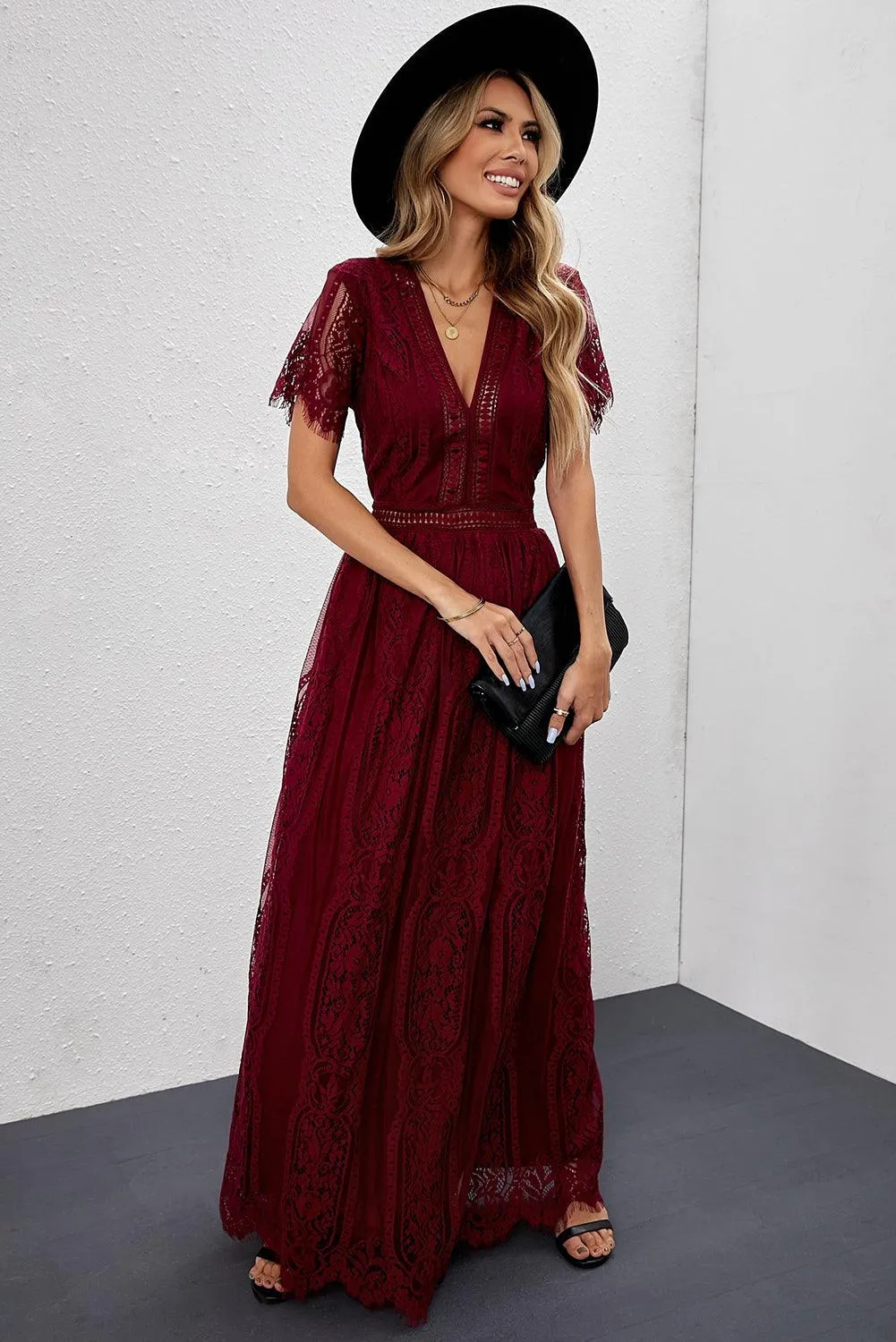 Elegant Royal Lace Maxi Dress with V-Neckline